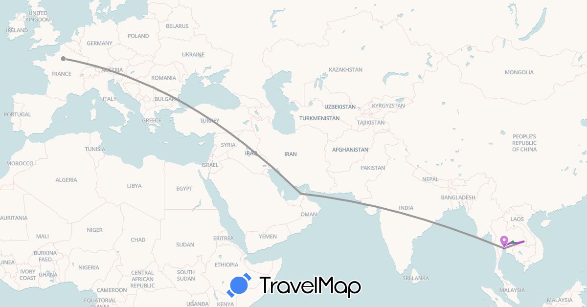 TravelMap itinerary: driving, bus, plane, train in United Arab Emirates, France, Thailand (Asia, Europe)